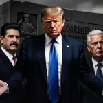 Trump stands at front of Venezuela military operation with Republican lawmakers behind him Hugo Chavez mausoleum behind.