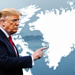 Donald Trump pointing at Greenland map with icebergs and polar bears visible in background