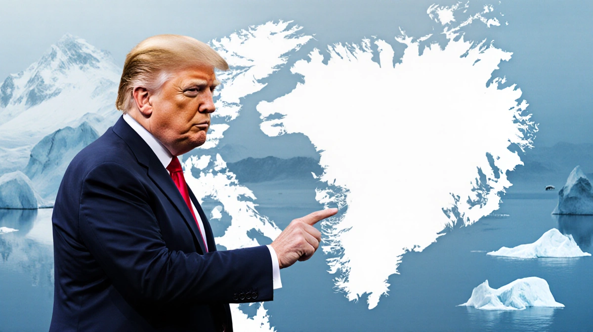 Donald Trump pointing at Greenland map with icebergs and polar bears visible in background