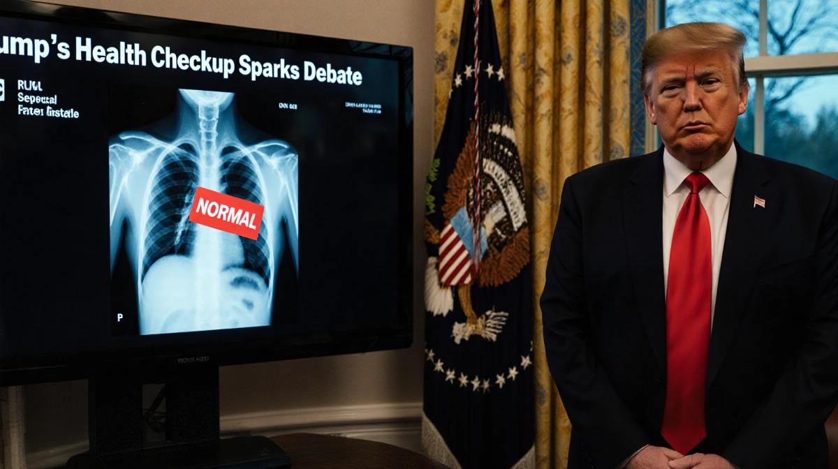 President Trump stands behind Oval Office desk with screen showing heart and lungs image sticker banner reads Trump