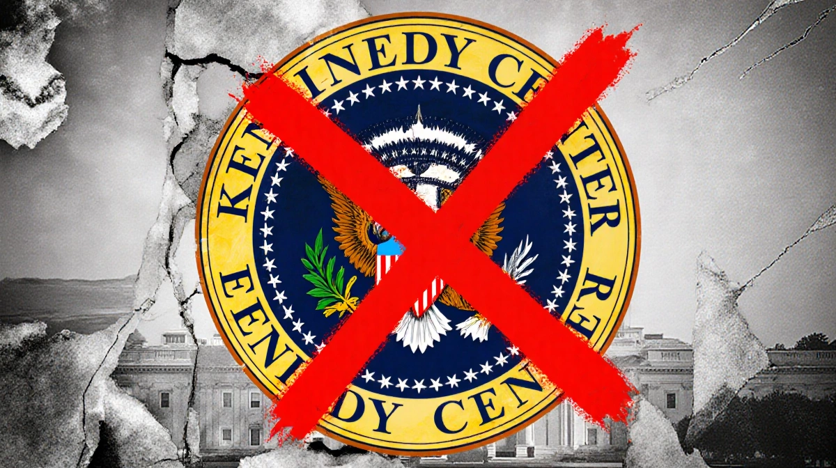 Presidential seal bearing a dark red X with faded Kennedy Center logo in background conveying controversy and decline.