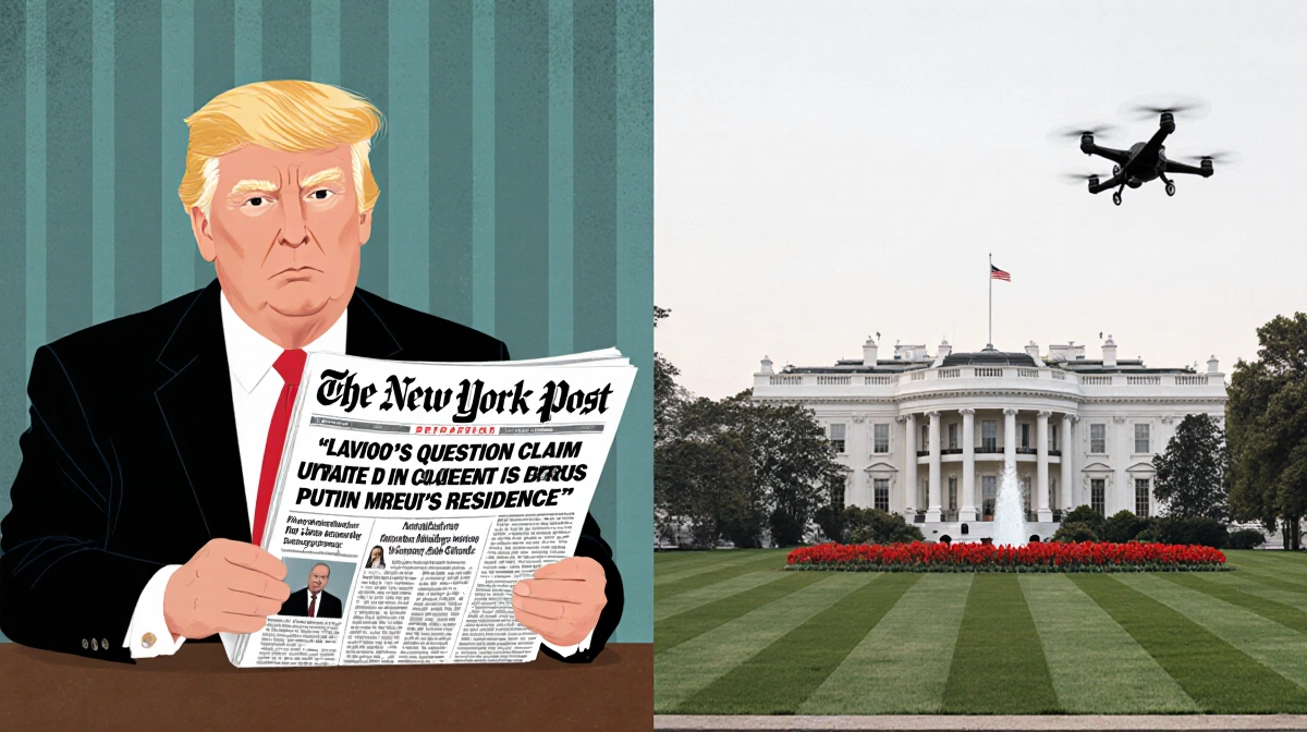 Donald Trump stands beside table with an open New York Post editorial questioning Lavrov and calm Novgorod residence unharmed