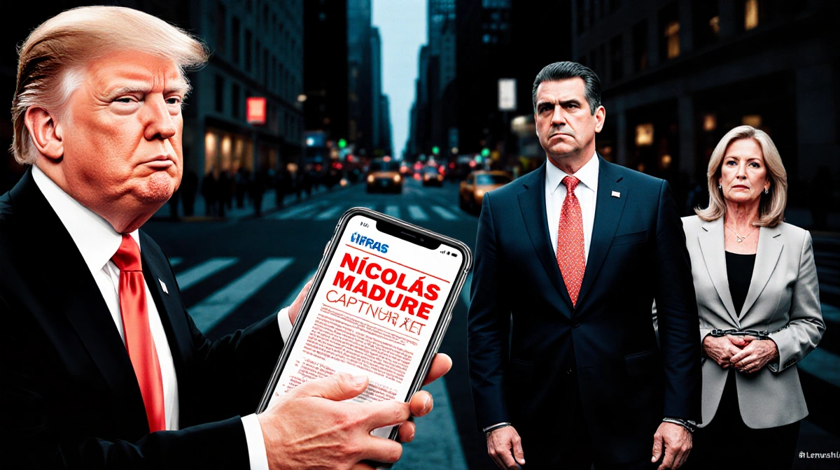 President Trump holds smartphone with capture message and Pam Bondi stands beside handcuffed Maduro and Flores on NYC street