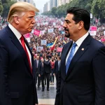 President Trump confronts President Maduro with confident pose and defiant expression amid protest banners and flags