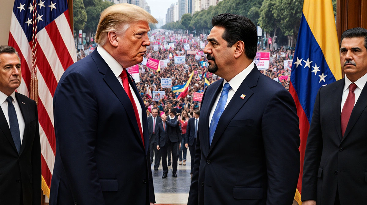 President Trump confronts President Maduro with confident pose and defiant expression amid protest banners and flags