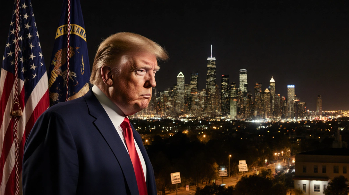 President Trump standing before a dim city skyline with a National Guard flag behind him and protest signs below