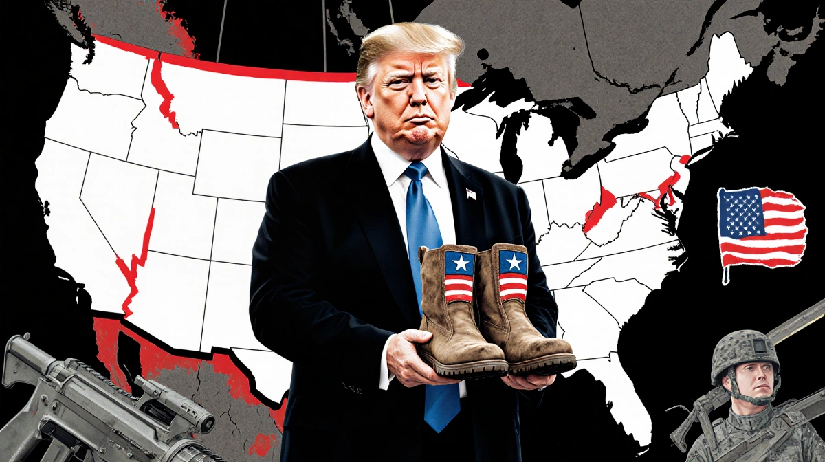 President Trump stands before a North American map with a red line and flag-embroidered boots
