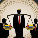 Trump silhouette stands confidently with a scale weighing War Powers against Congressional Authority and a gold presidential