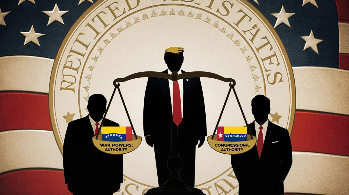 Trump silhouette stands confidently with a scale weighing War Powers against Congressional Authority and a gold presidential