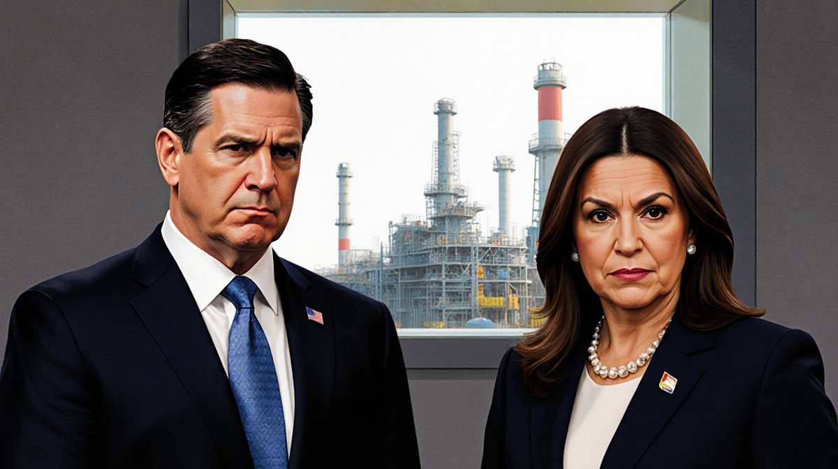 President Trump and Secretary Rubio standing side by side with stern faces and a faint Venezuelan oil facility in the backgro