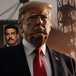 Donald Trump stands before a massive satellite dish with smoky haze and Maduro