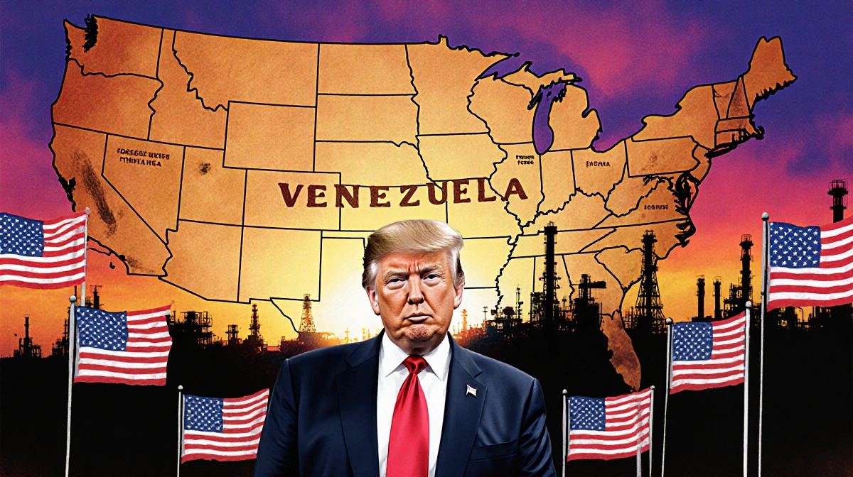 Trump standing with a large map of Venezuela showing oil rigs and surrounded by American flags