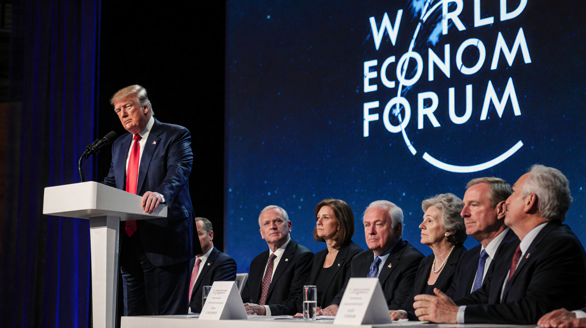 President Trump standing confidently at podium with World Economic Forum logo on screen and diplomats watching skeptically