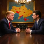Donald Trump and Volodymyr Zelenskyy negotiating at a wooden table with warm golden lighting and a map of Eastern Europe