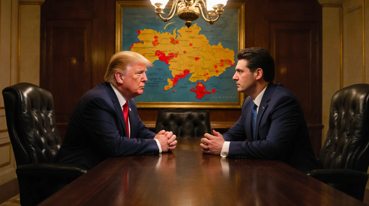 Donald Trump and Volodymyr Zelenskyy negotiating at a wooden table with warm golden lighting and a map of Eastern Europe