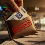 Hand reaching for ID from leather badge holder with red NOT VALID stamp near airport security background in golden light