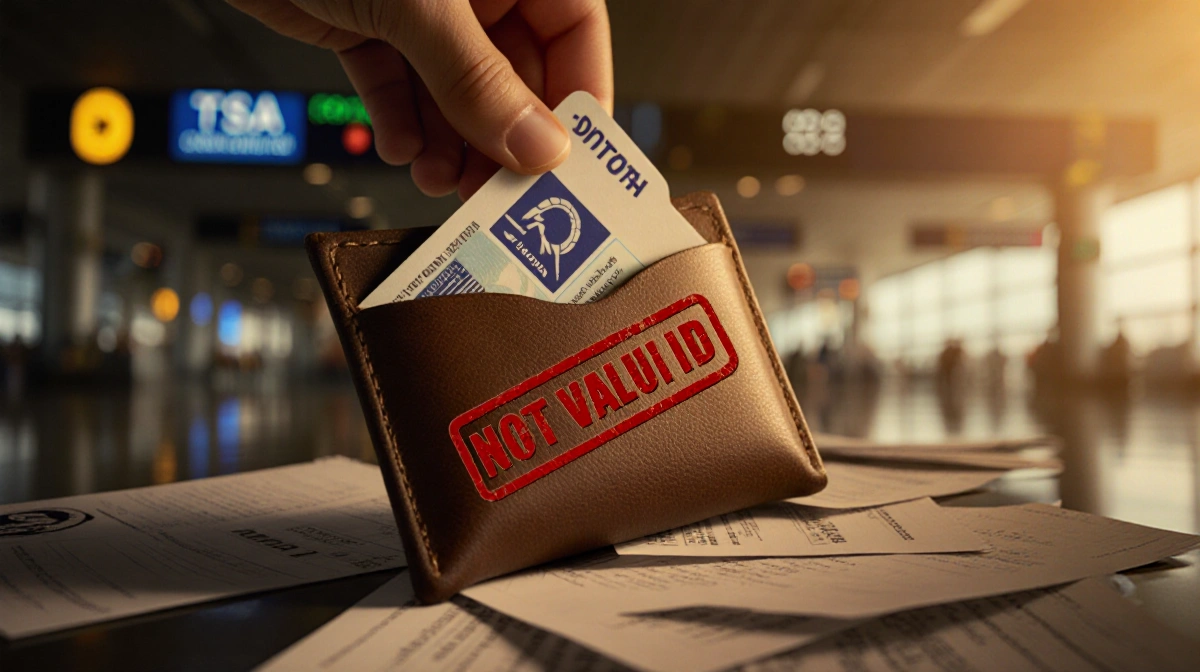 Hand reaching for ID from leather badge holder with red NOT VALID stamp near airport security background in golden light