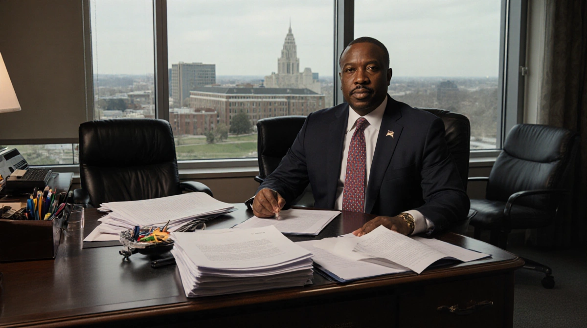 TSU President J.W. Crawford III sits at a desk with a stack of papers and empty chairs while a cityscape glows behind him.