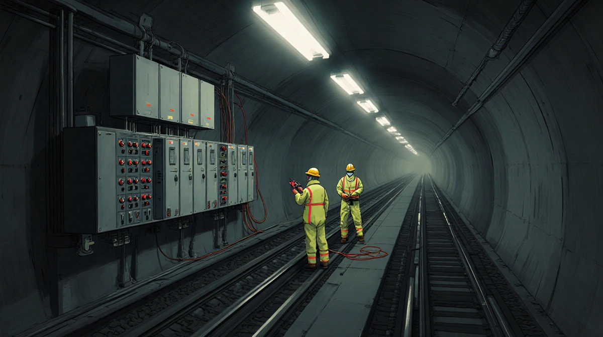 Hazmat workers inspecting electrical panels with flickering fluorescent lights in dark tunnel