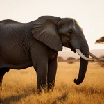 Super tusker elephant Craig standing proudly with a gleaming tusk and sunrise lighting savannah grass.