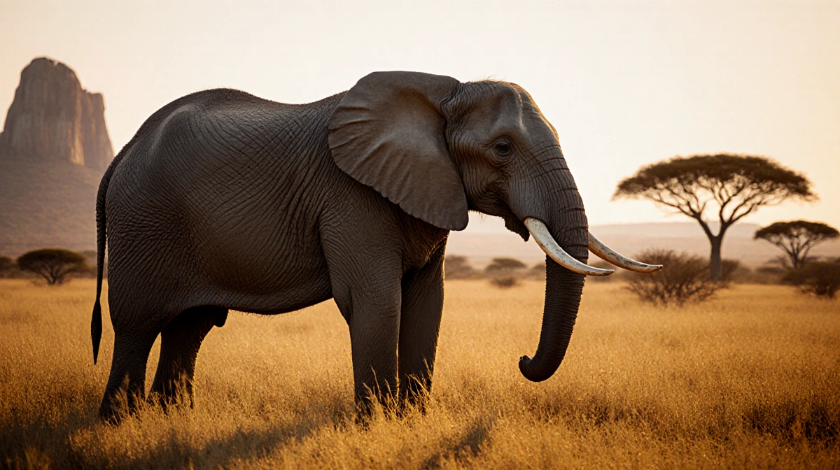 Super tusker elephant Craig standing proudly with a gleaming tusk and sunrise lighting savannah grass.