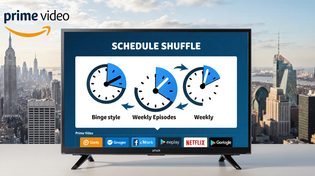 TV screen showing schedule shuffle graphic with clock hands and arrows and Prime Video logo background