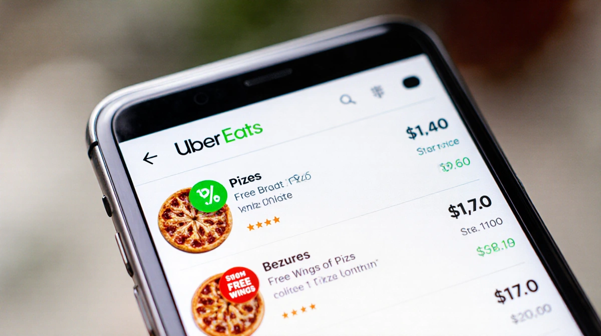 Smartphone screen shows Uber Eats app with pies and a discount sticker and free wings banner and checkout total.