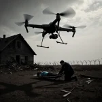 Medical aid worker tending wounded person with Ukrainian drone hovering above damaged farmhouse and Russian border fence