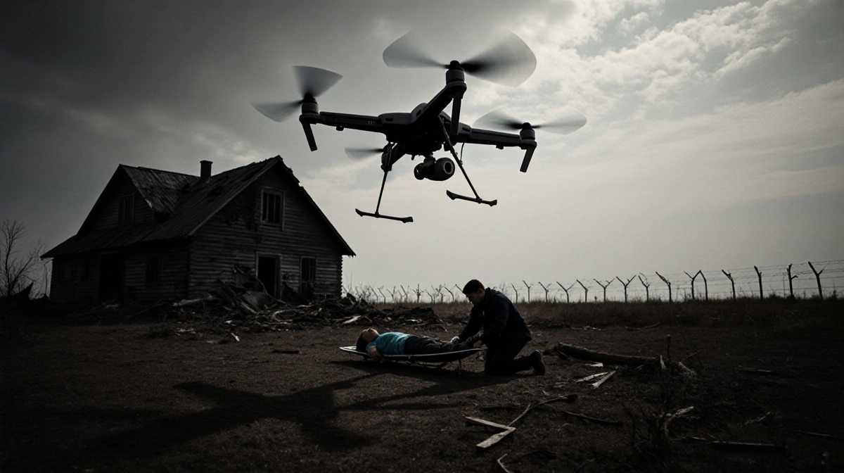 Medical aid worker tending wounded person with Ukrainian drone hovering above damaged farmhouse and Russian border fence