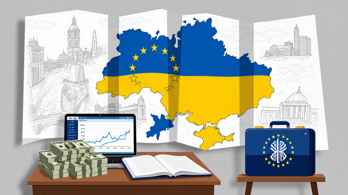 Stack of $100 bills sit on desk with Europe map of Ukraine behind briefcase with World Bank logo near laptop showing graphs.