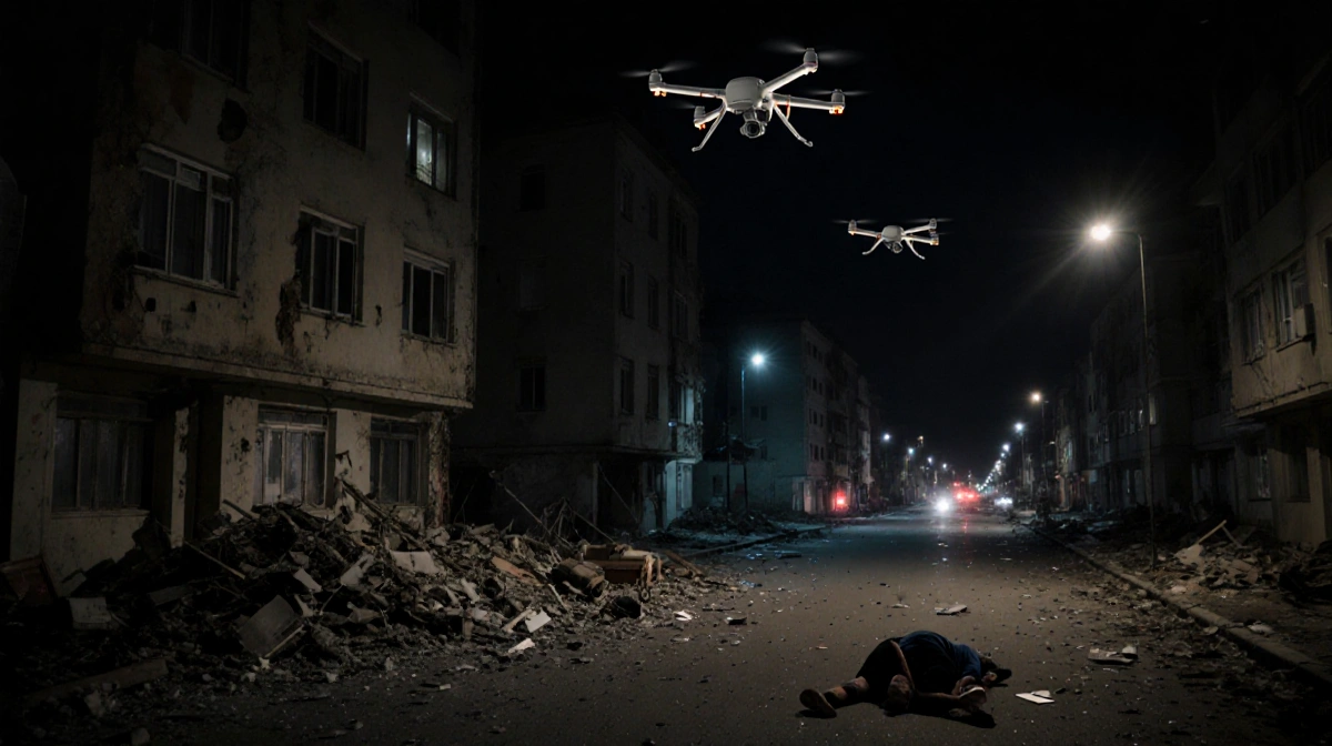 Two drones hover above building with rubble and emergency lights illuminating injured on Ukrainian street.