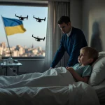 Toddler lying on small hospital bed with medical equipment window showing Ukrainian flag over Odesa cityscape