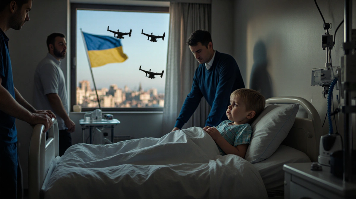 Toddler lying on small hospital bed with medical equipment window showing Ukrainian flag over Odesa cityscape