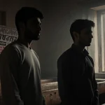 Student activist standing before worn bench with Supreme Court building behind and protest signs visible outside