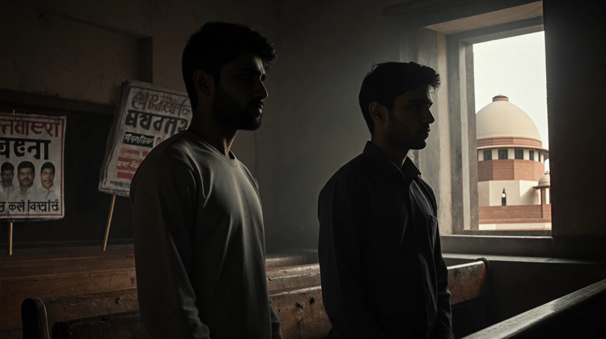 Student activist standing before worn bench with Supreme Court building behind and protest signs visible outside