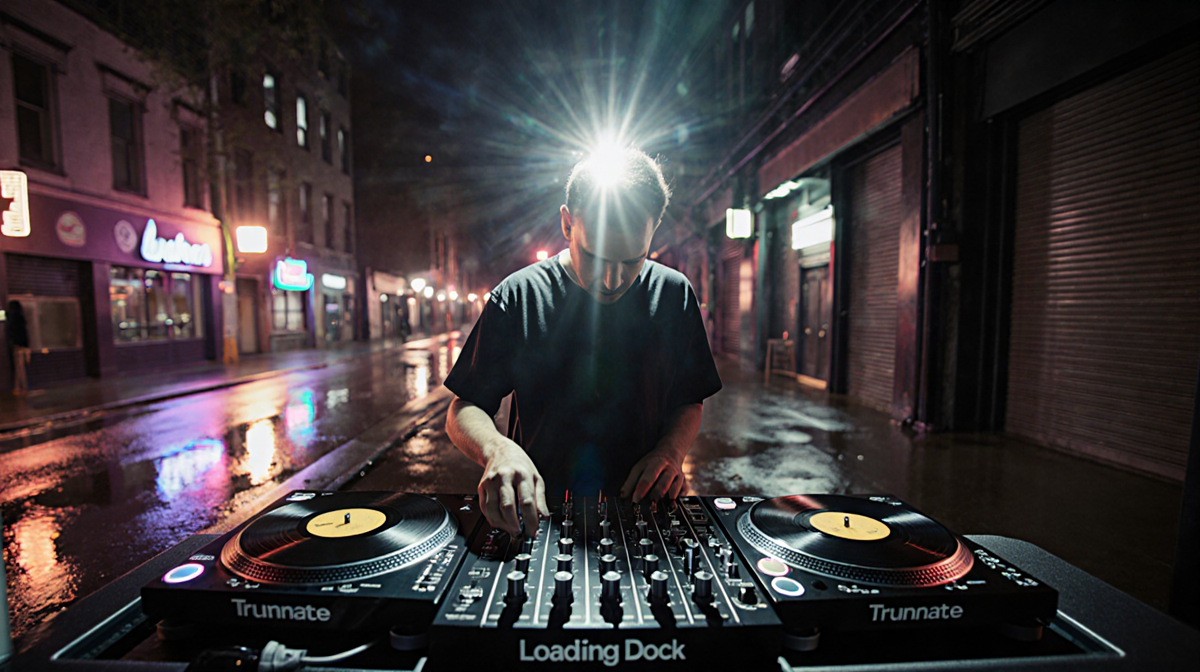 DJ Truncate spinning vinyl with strobe light illuminating face and neon reflections on wet pavement