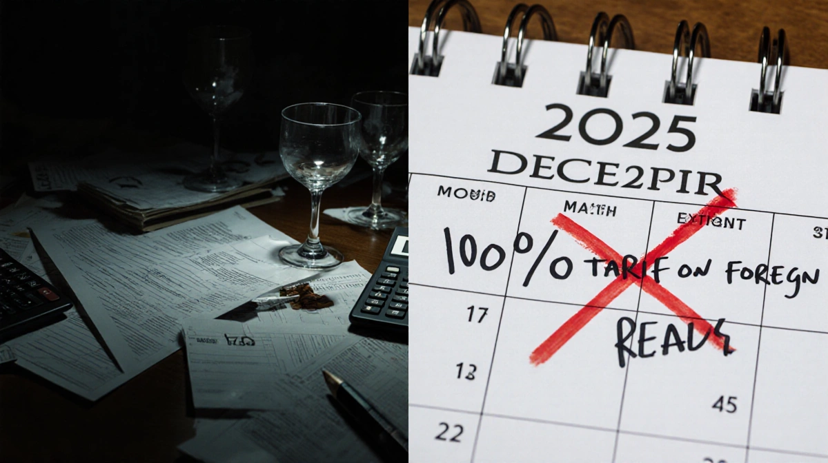 Cluttered desk shows papers and a calculator with a calendar page highlighting Dec 31 and a handwritten tariff promise.