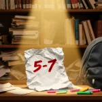 Spotlight shines on crumpled paper with 6-7 in red against cluttered library in golden light