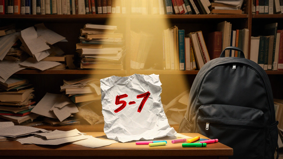 Spotlight shines on crumpled paper with 6-7 in red against cluttered library in golden light