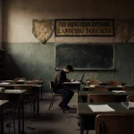 Student studying alone at a dusty lecture hall desk with laptops and notes in warm light