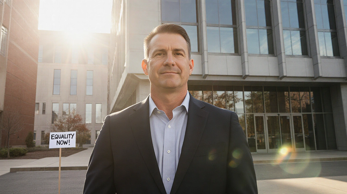 Urban Meyer standing confidently with modern campus building and protest sign in background light casting warm glow