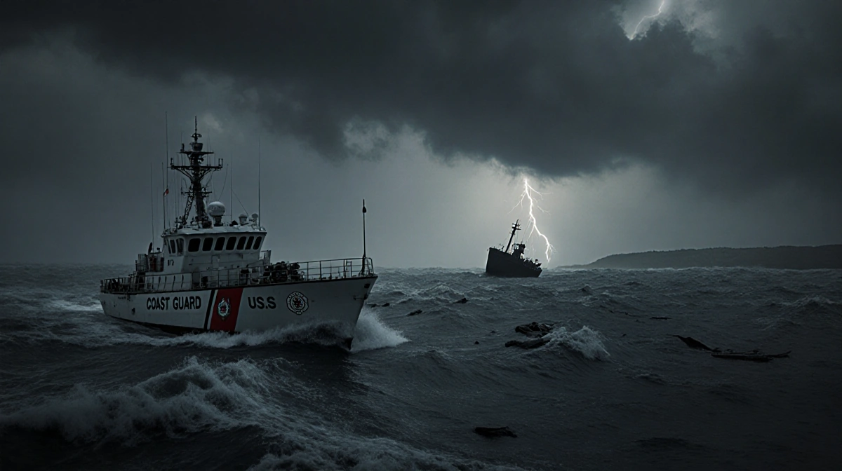Coast Guard vessel navigating choppy waters with stormy sky and distant cracked boat