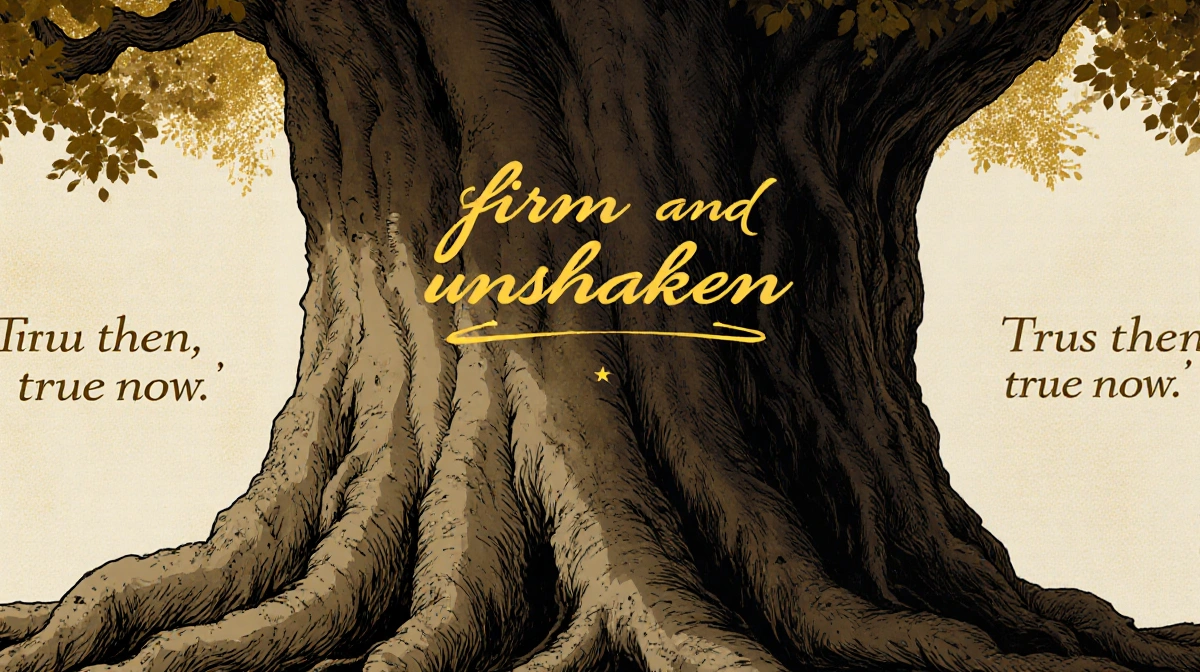 Constitution tree standing strong with gnarled roots and cursive inscription firm and unshaken and faint golden accents