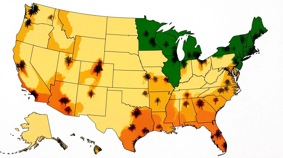 US map showing drought with 49 states shaded yellow and orange and California green and tree silhouettes contrasting with lus