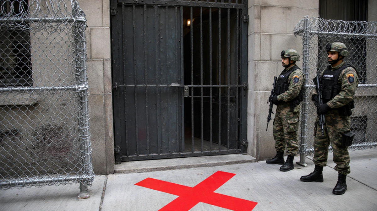 U.S. forces stand outside a fortified building with a red X on the ground and barbed wire fencing.