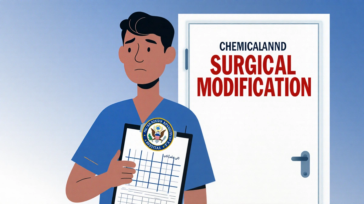 Person holding clipboard with government logo before hospital door sign reading Chemical and Surgical Modification