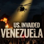 US helicopter hovering above Caracas with spotlight illuminating dark streets and flashing headline US Invaded Venezuela on g
