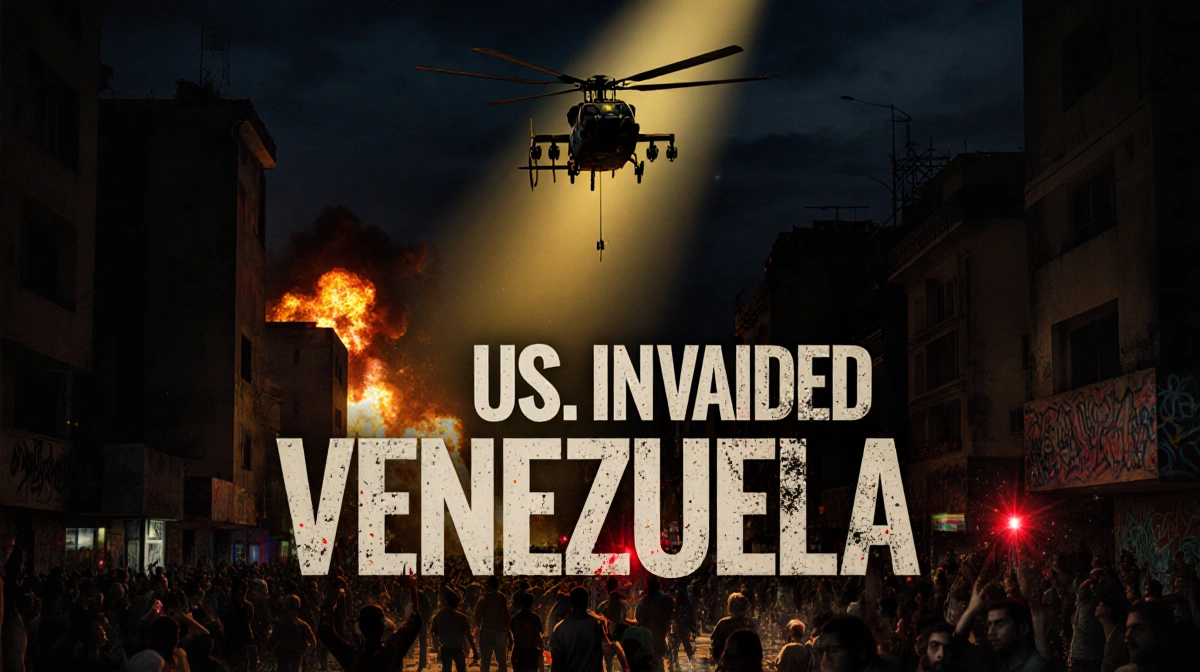 US helicopter hovering above Caracas with spotlight illuminating dark streets and flashing headline US Invaded Venezuela on g