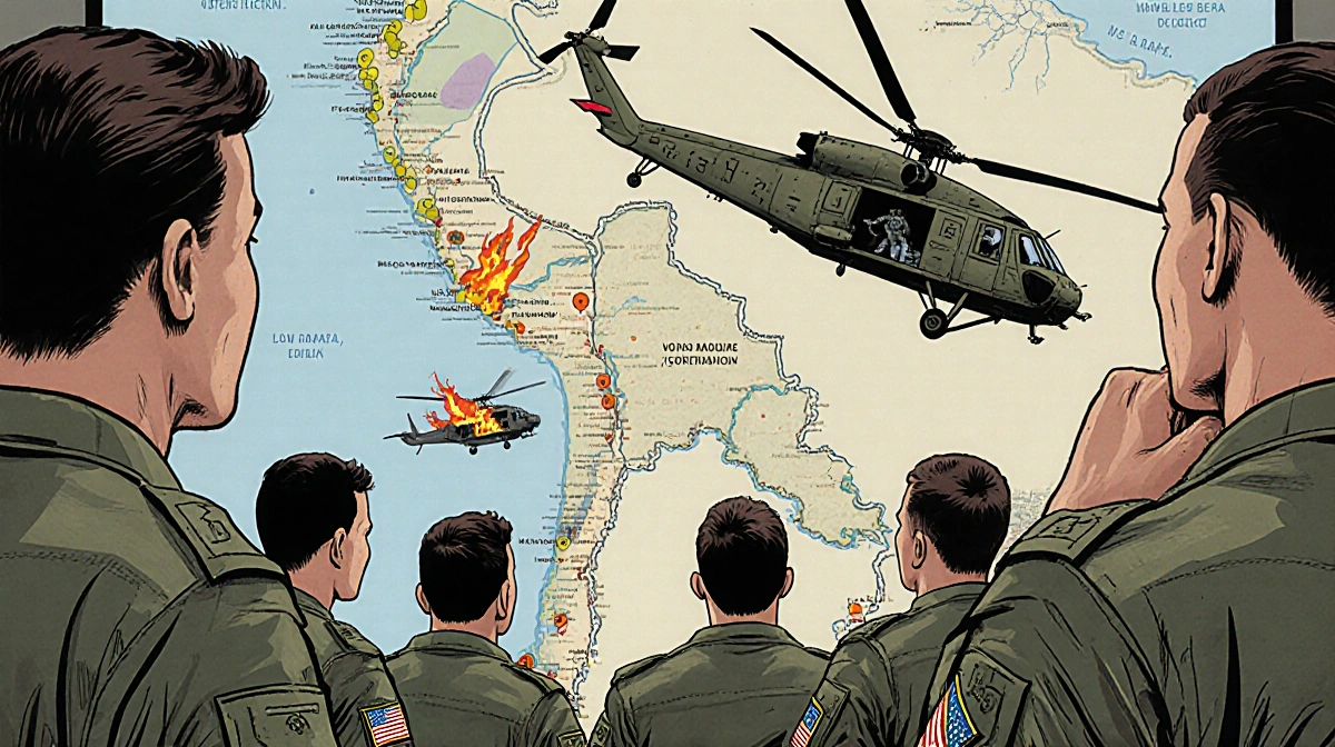 US soldiers studying a large map with markers for Maduro's residence while a low-flying helicopter with flames and another re