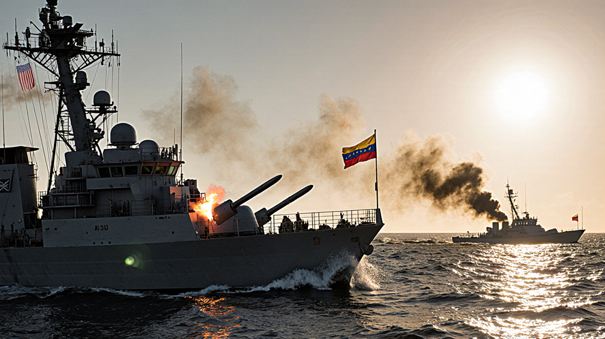US naval vessel firing missiles at smoke‑filled boat with Venezuelan flag flying